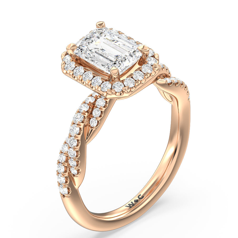 Twisted Vine Halo Engagement Ring with Emerald Cut Diamond in 14KT Rose Gold view 3
