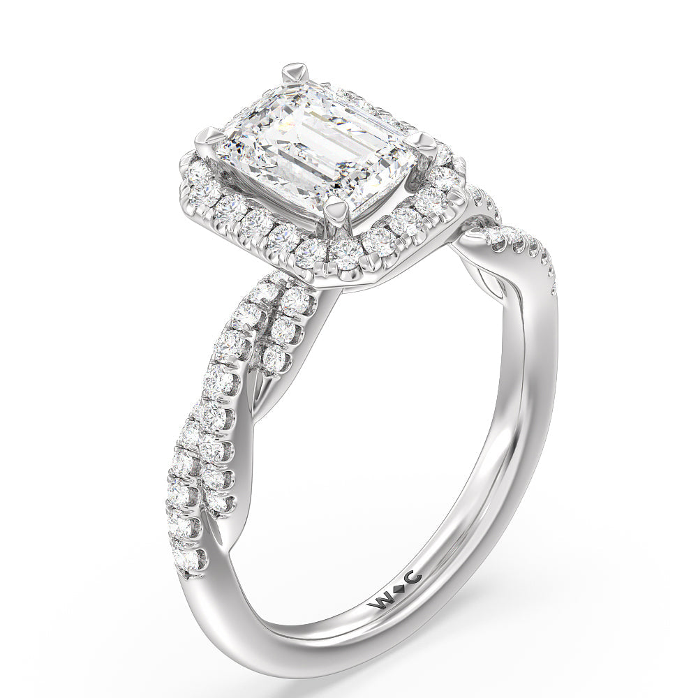 Twisted Vine Halo Engagement Ring with Emerald Cut Diamond in 14KT Platinum view 3
