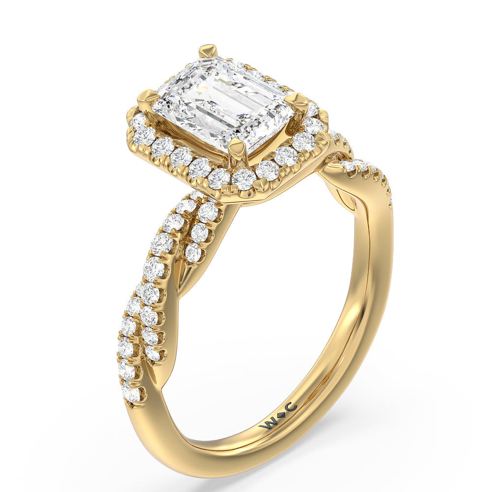 Twisted Vine Halo Engagement Ring with Emerald Cut Diamond in 14KT Yellow Gold view 3
