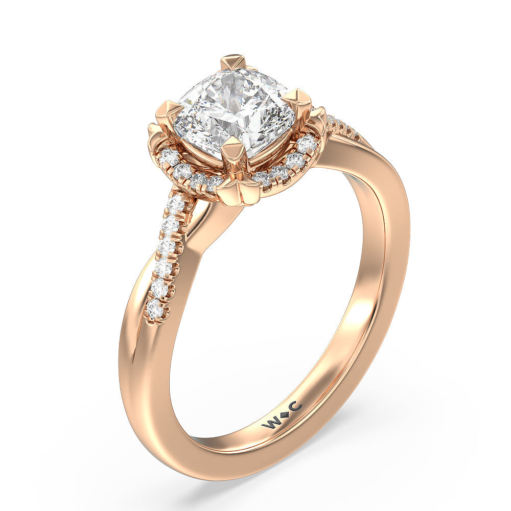 Wave Halo Engagement Ring with Cushion Cut Diamond in 14KT Rose Gold view 3
