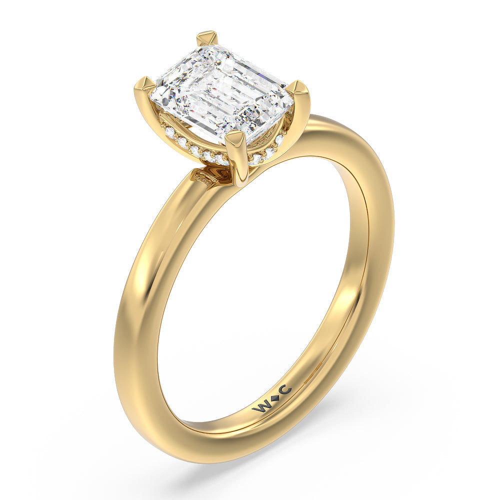 Fine Line Hidden Halo Engagement Ring with Emerald Cut Diamond in 14KT Yellow Gold view 3
