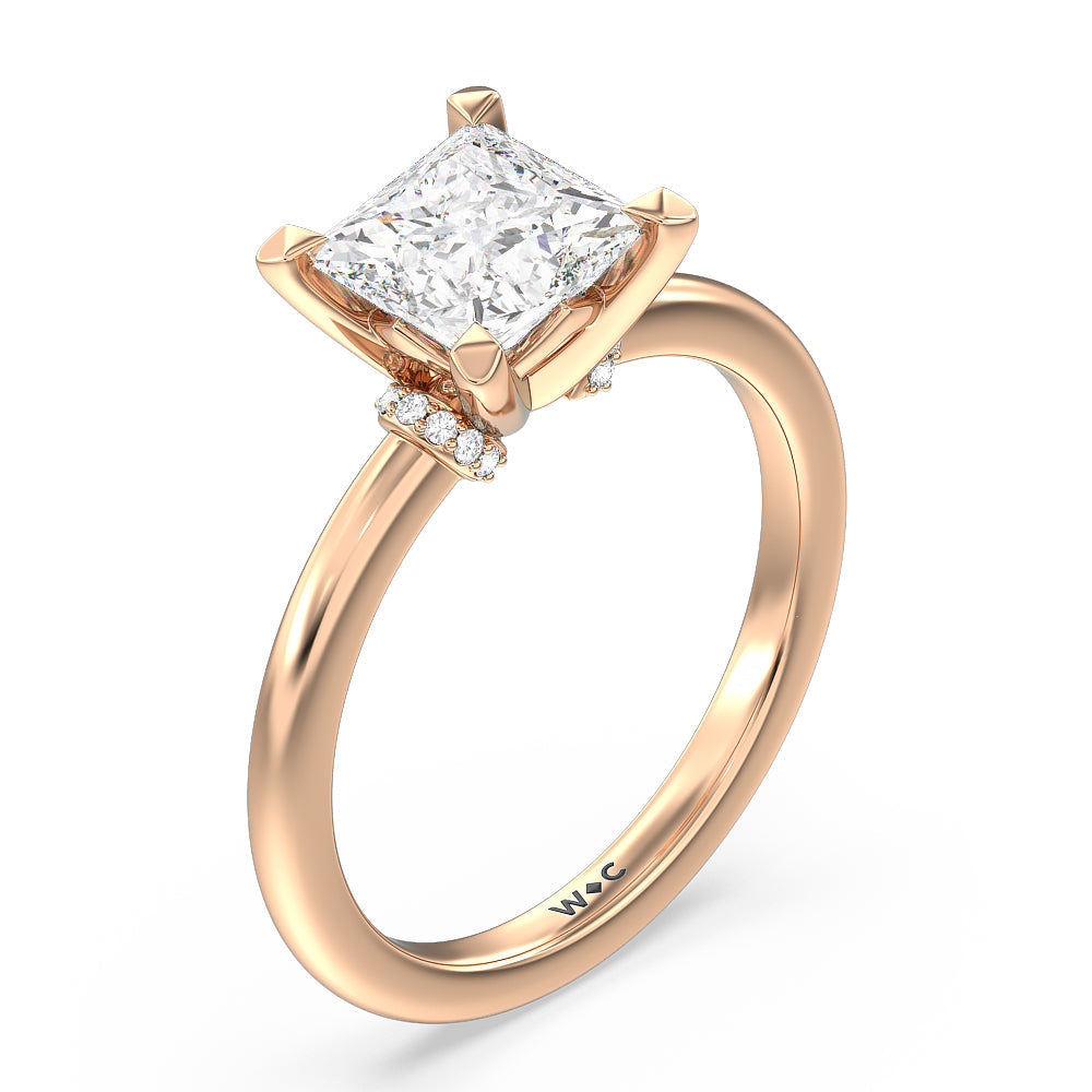 Diamond Collar Fine Line Engagement Ring with Princess Cut Diamond in 14KT Rose Gold view 3
