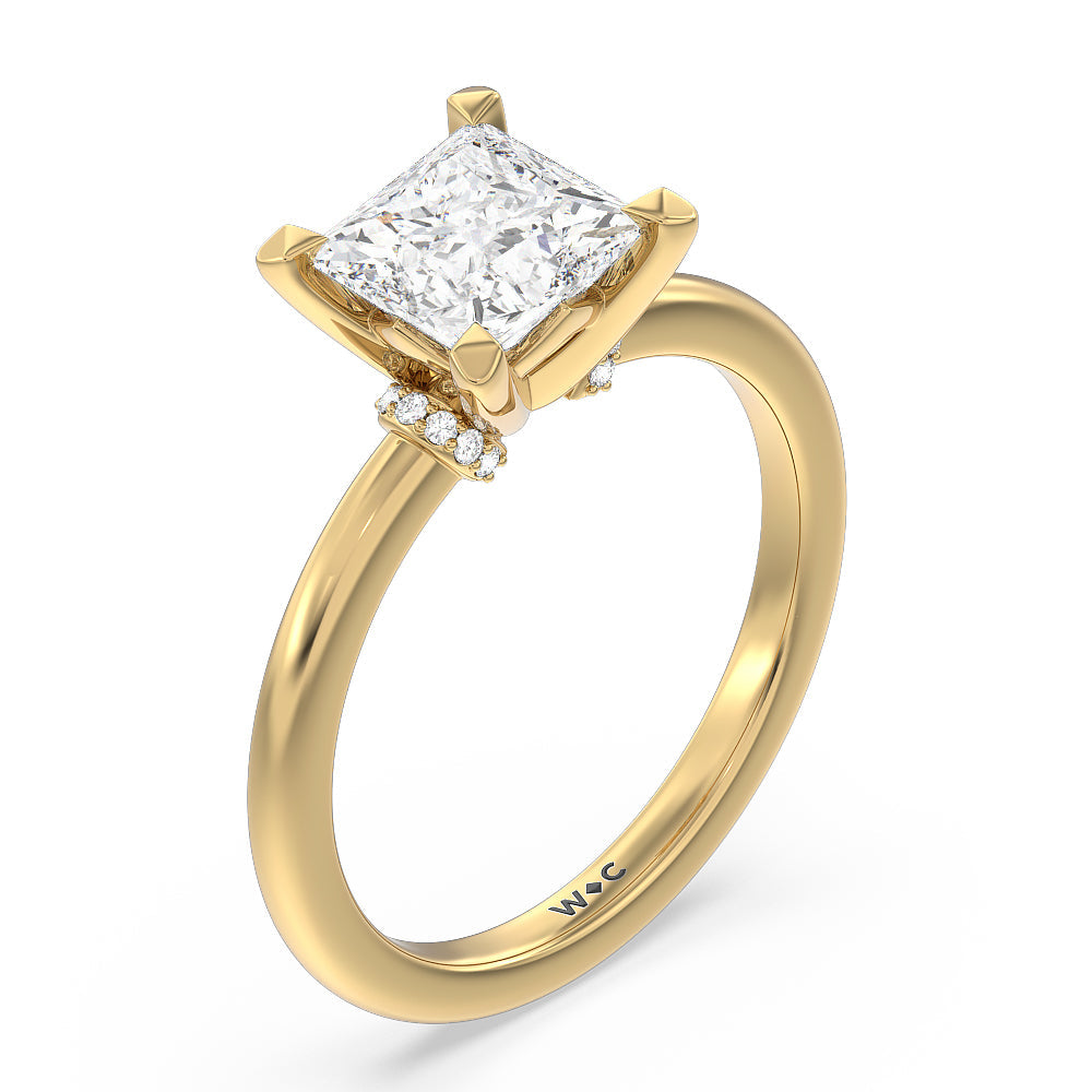 Diamond Collar Fine Line Engagement Ring with Princess Cut Diamond in 14KT Yellow Gold view 3
