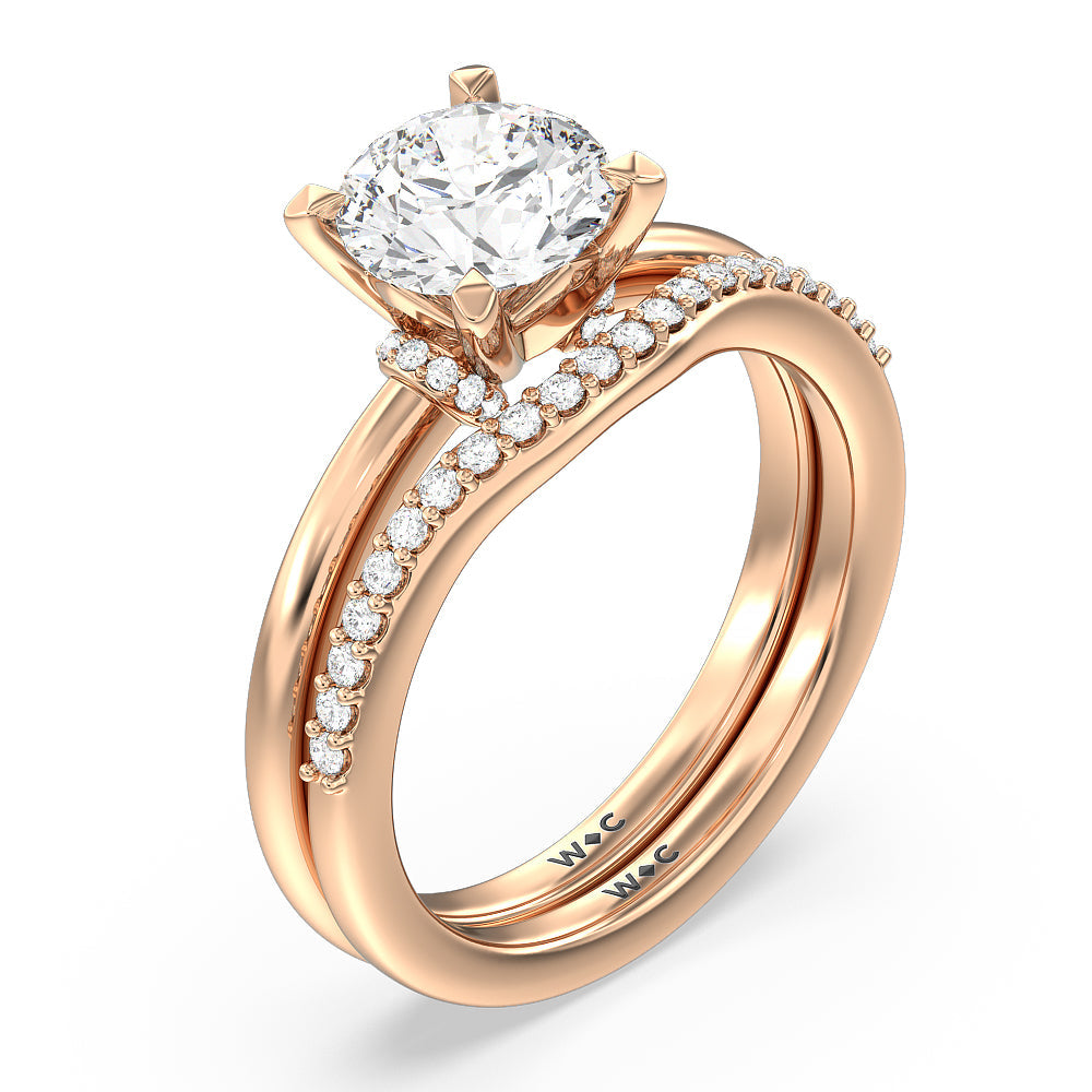 Diamond Collar Fine Line Engagement Ring with Round Cut Diamond in 14KT Rose Gold view 4
