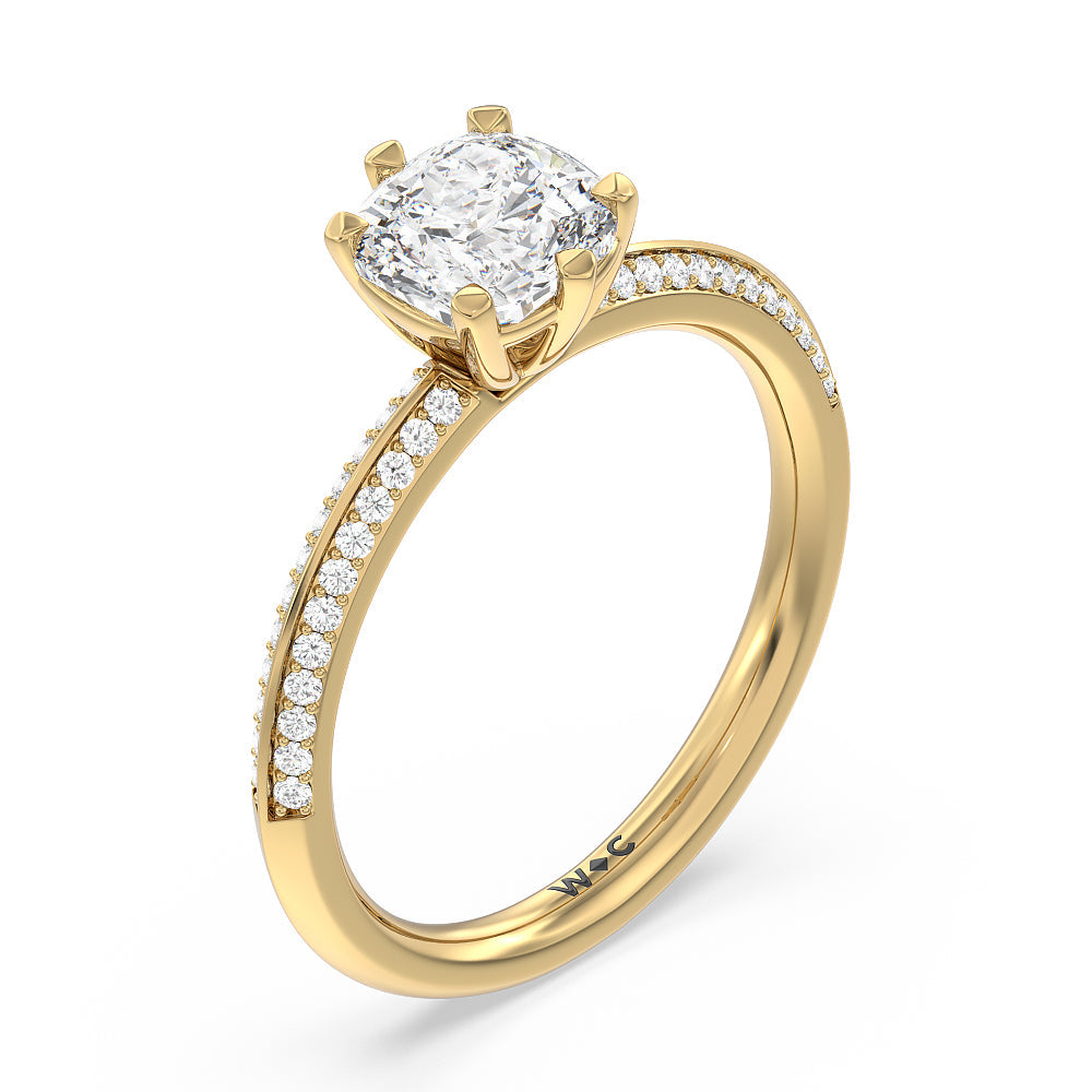Cushion Cut Fine Line 6 Claw Knife Edge Engagement Ring with Lab Grown Diamond in 14KT Yellow Gold view 3
