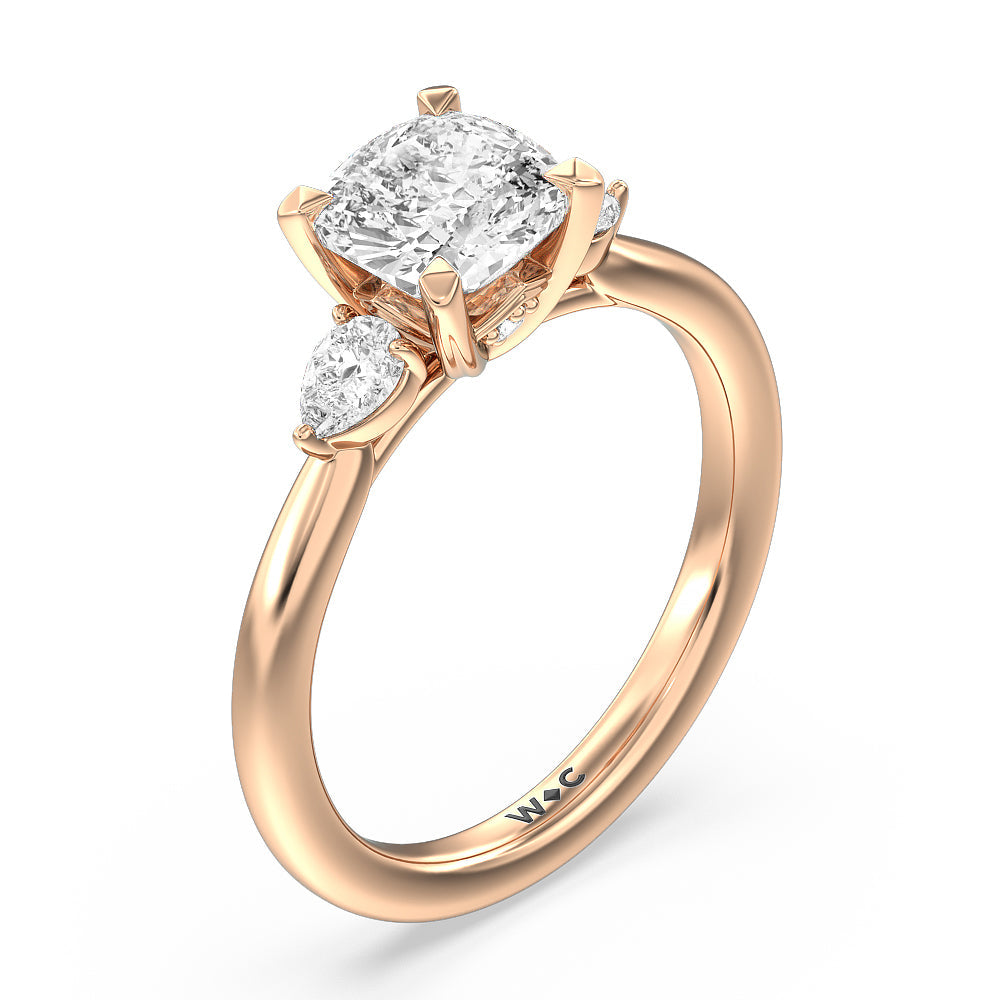 Fine Line Pear Three Stone Engagement Ring with Cushion Cut Diamond in 14KT Rose Gold view 3
