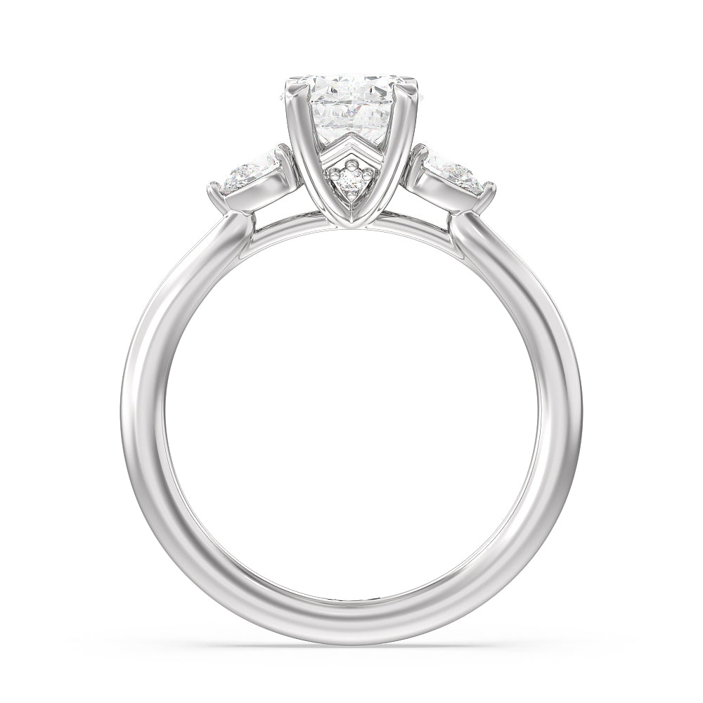Fine Line Pear Three Stone Engagement Ring with Oval Cut Diamond in 14KT Platinum view 2
