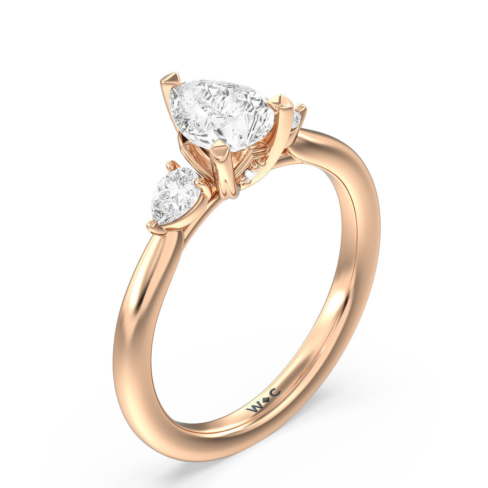 Fine Line Pear Three Stone Engagement Ring with Pear Cut Diamond in 14KT Rose Gold view 3
