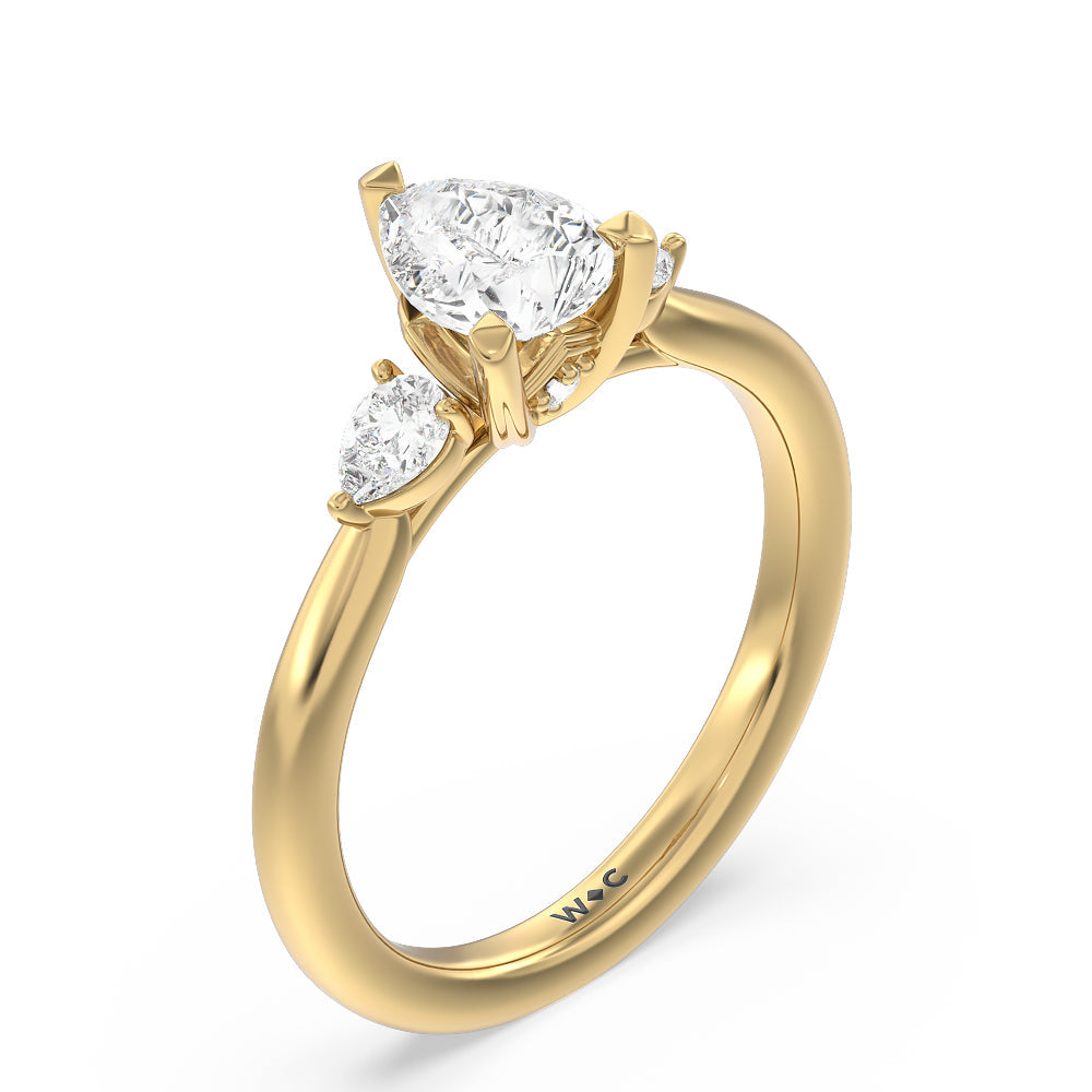 Fine Line Pear Three Stone Engagement Ring with Pear Cut Diamond in 14KT Yellow Gold view 3
