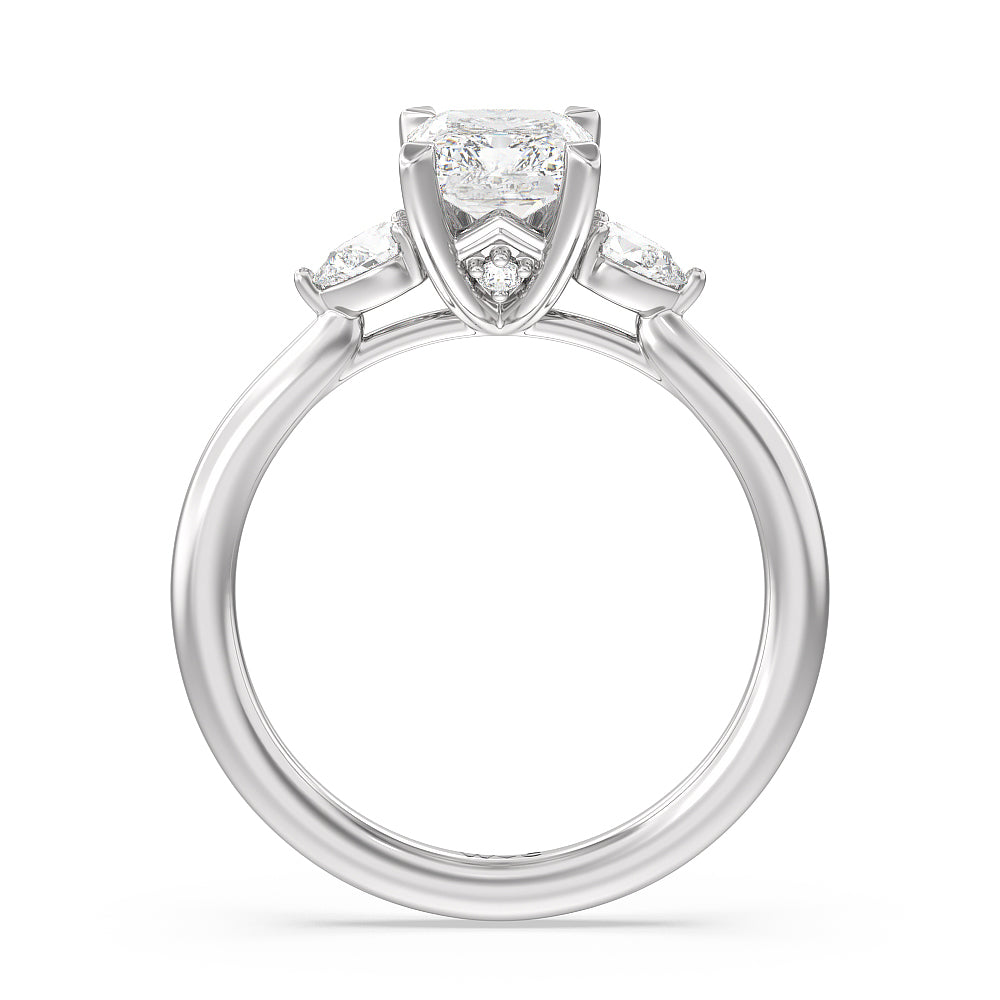 Fine Line Pear Three Stone Engagement Ring with Radiant Cut Diamond in 14KT Platinum view 2
