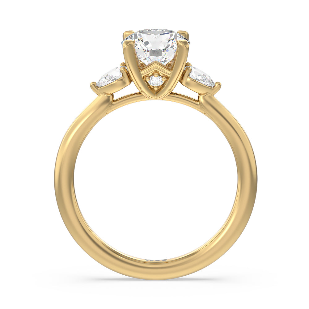 Fine Line Pear Three Stone Engagement Ring with Round Cut Diamond in 14KT Yellow Gold view 2

