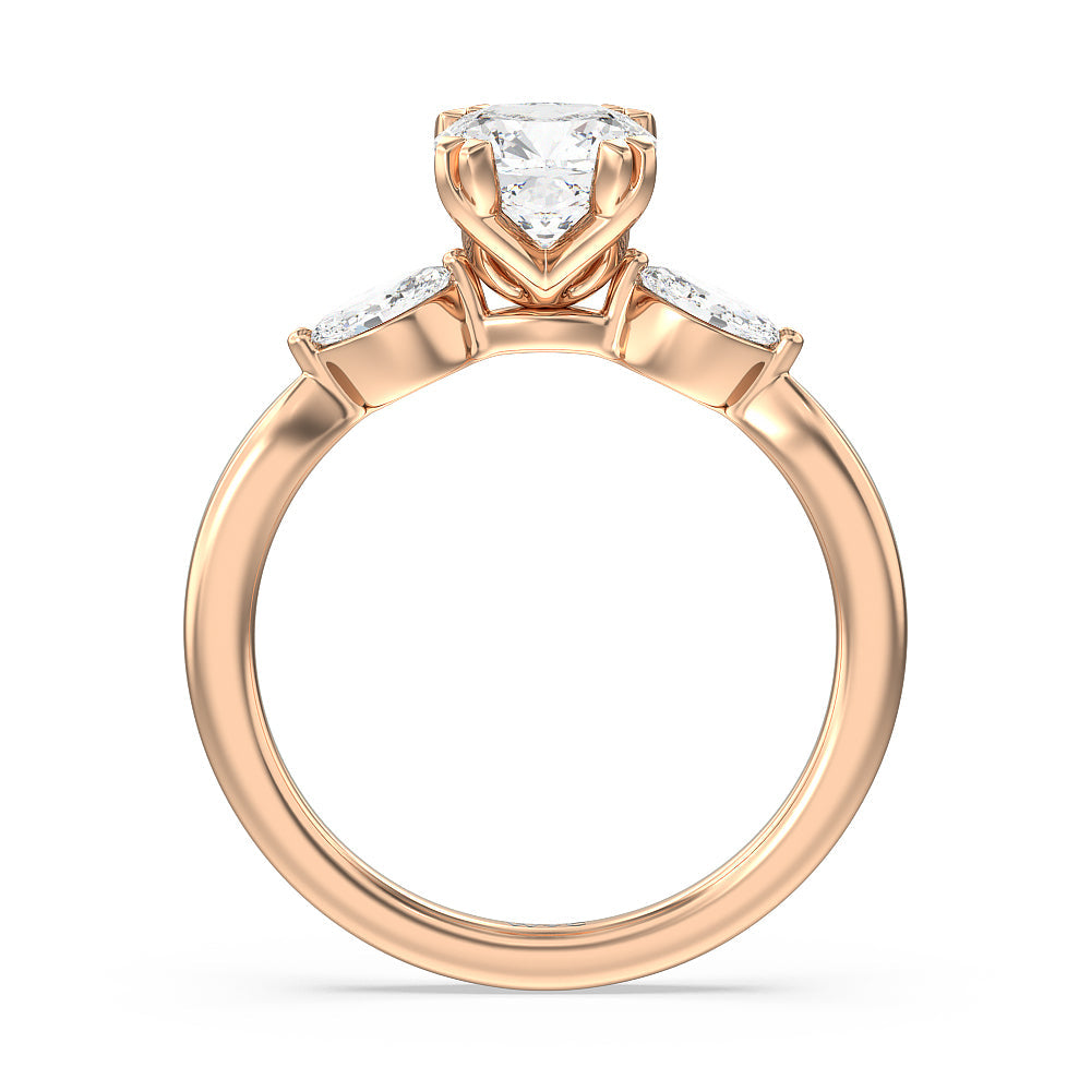 Fine Line Marquise Three Stone Engagement Ring with Cushion Cut Diamond in 14KT Rose Gold view 2
