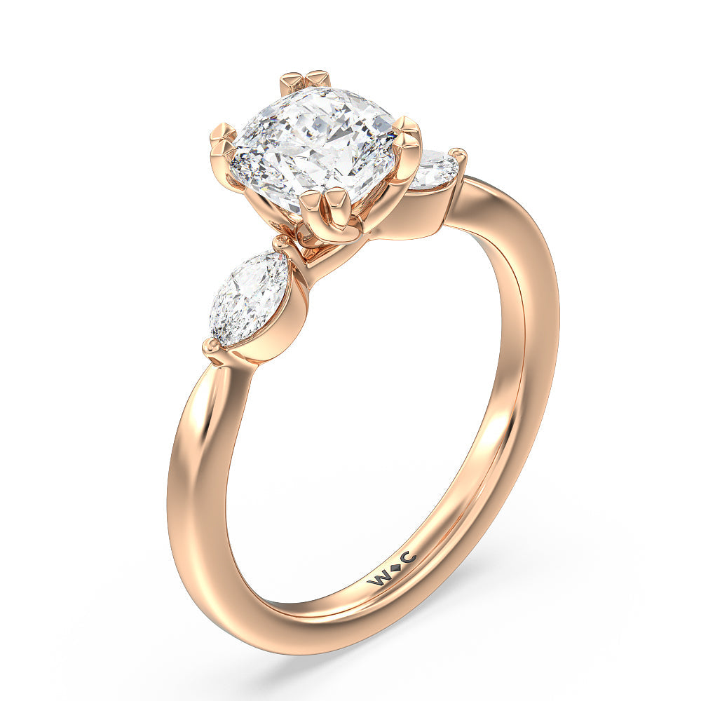 Fine Line Marquise Three Stone Engagement Ring with Cushion Cut Diamond in 14KT Rose Gold view 3
