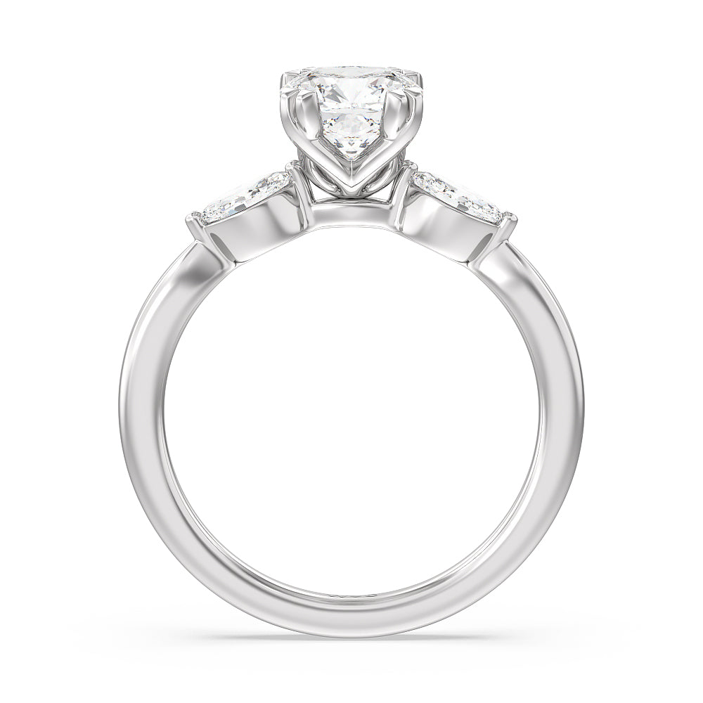 Fine Line Marquise Three Stone Engagement Ring with Cushion Cut Diamond in 14KT Platinum view 2
