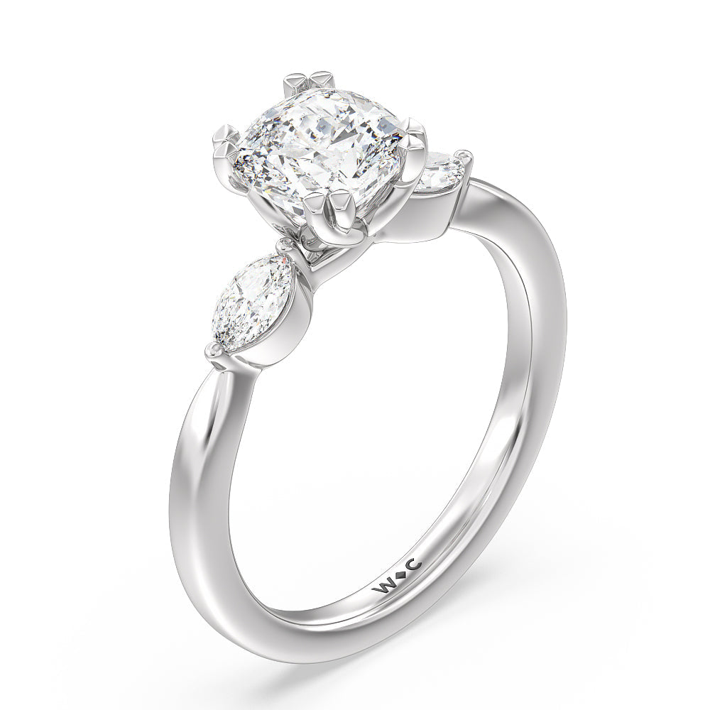 Fine Line Marquise Three Stone Engagement Ring with Cushion Cut Diamond in 14KT Platinum view 3
