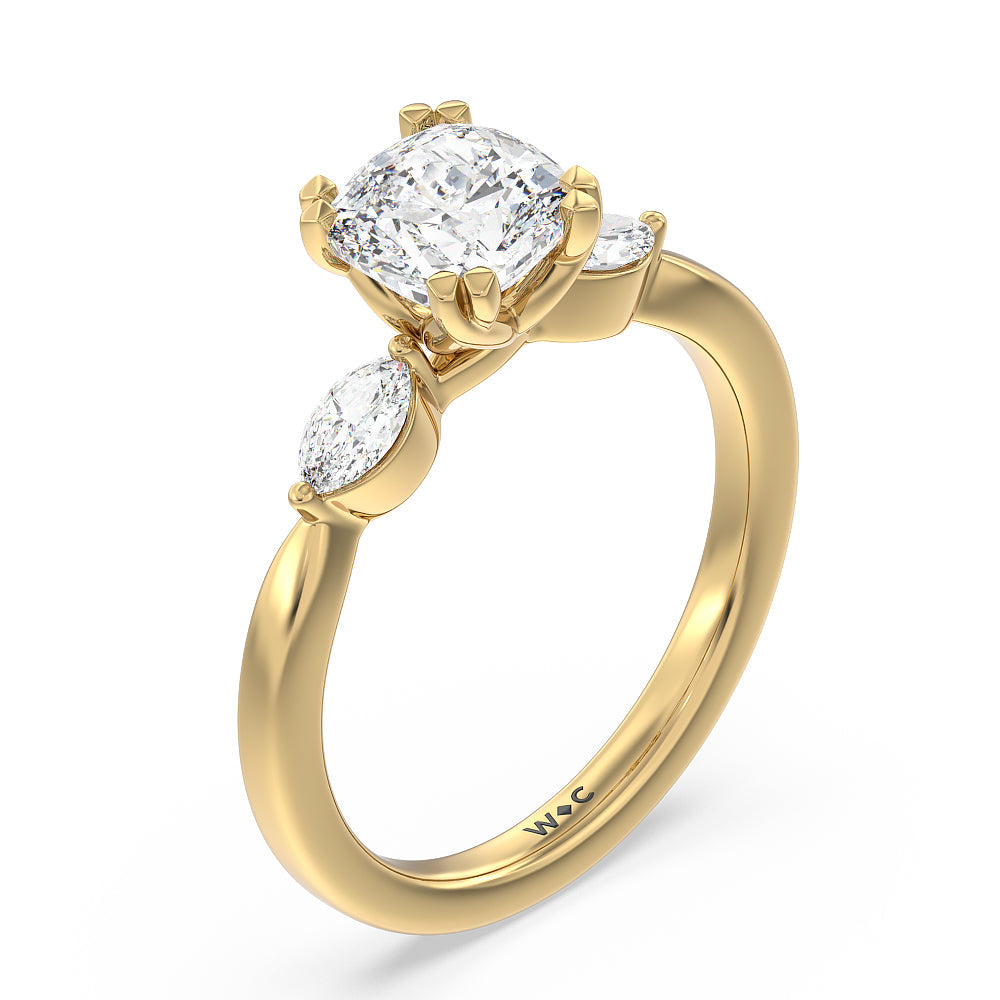 Fine Line Marquise Three Stone Engagement Ring with Cushion Cut Diamond in 14KT Yellow Gold view 3
