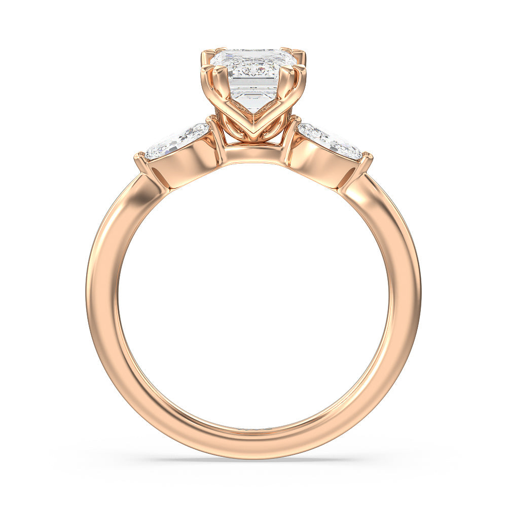 Fine Line Marquise Three Stone Engagement Ring with Emerald Cut Diamond in 14KT Rose Gold view 2
