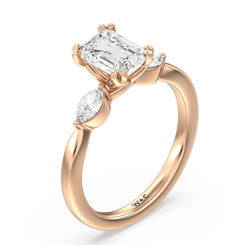 Fine Line Marquise Three Stone Engagement Ring with Emerald Cut Diamond in 14KT Rose Gold view 3
