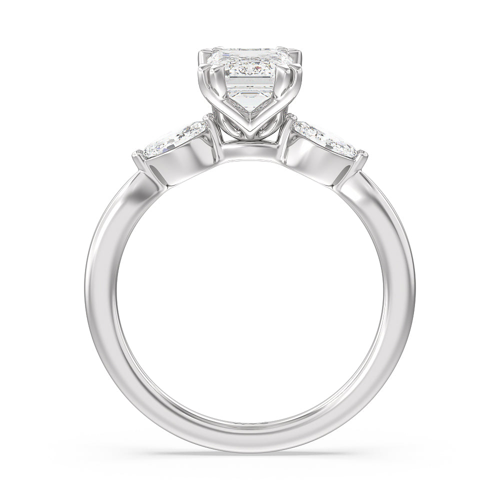 Fine Line Marquise Three Stone Engagement Ring with Emerald Cut Diamond in 14KT Platinum view 2
