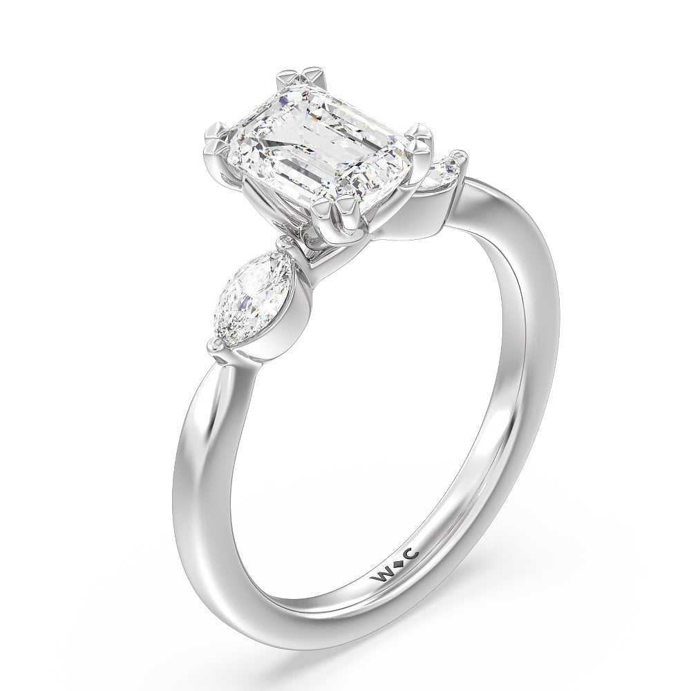 Fine Line Marquise Three Stone Engagement Ring with Emerald Cut Diamond in 14KT Platinum view 3
