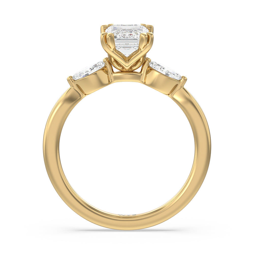 Fine Line Marquise Three Stone Engagement Ring with Emerald Cut Diamond in 14KT Yellow Gold view 2
