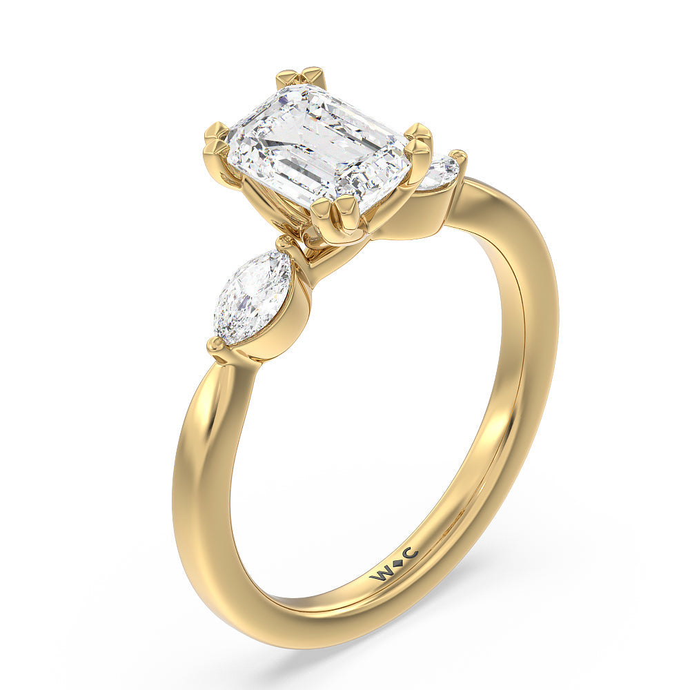 Fine Line Marquise Three Stone Engagement Ring with Emerald Cut Diamond in 14KT Yellow Gold view 3
