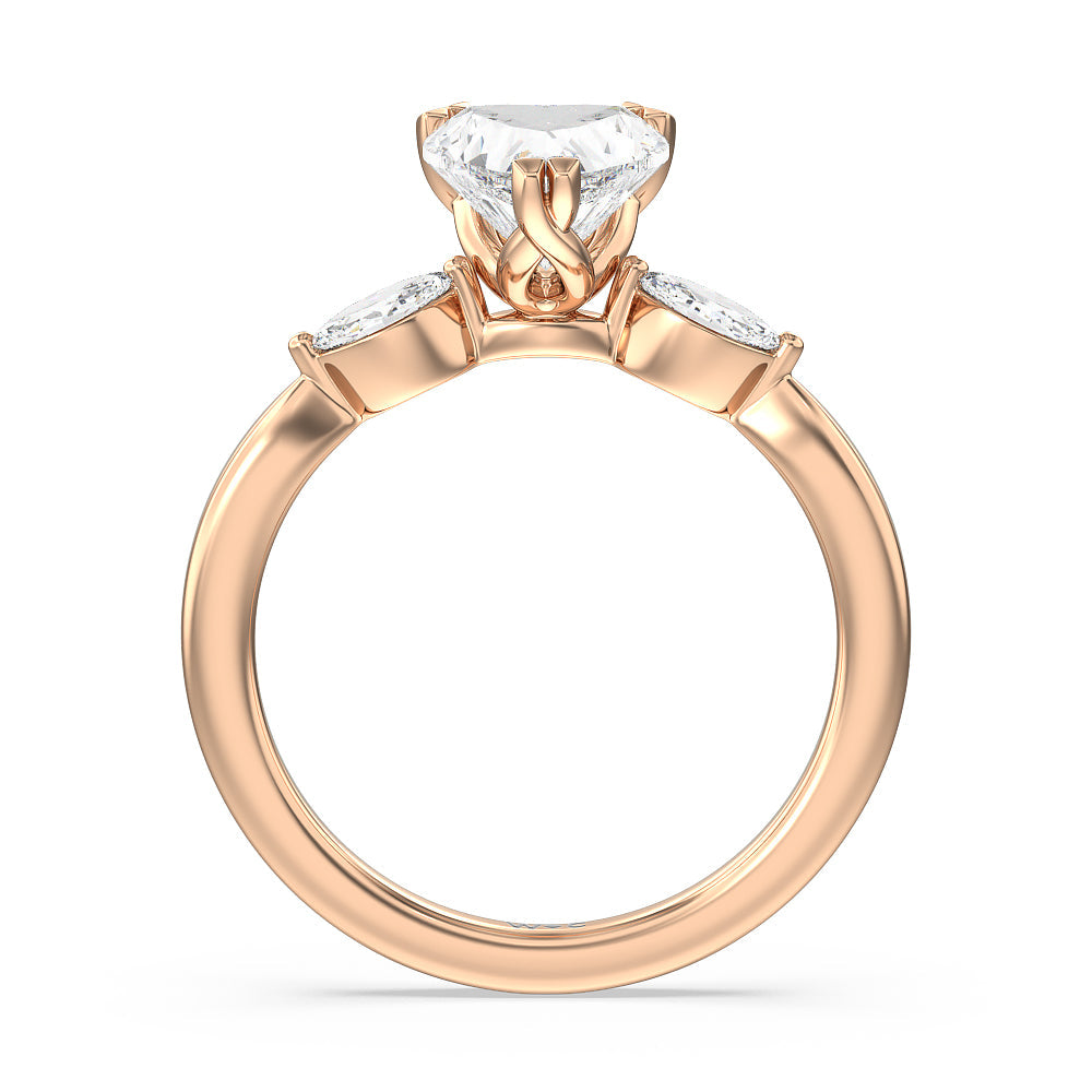 Fine Line Marquise Three Stone Engagement Ring with Heart Cut Diamond in 14KT Rose Gold view 2
