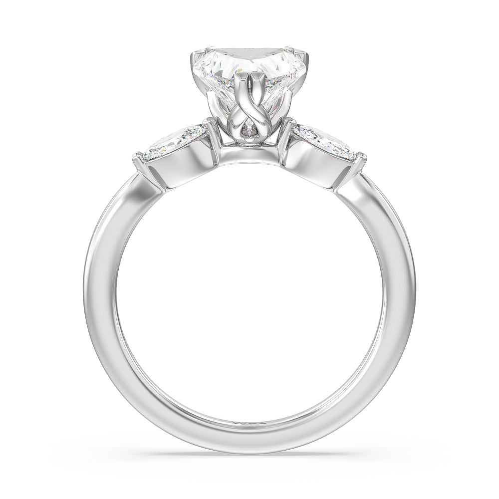 Fine Line Marquise Three Stone Engagement Ring with Heart Cut Diamond in 14KT Platinum view 2
