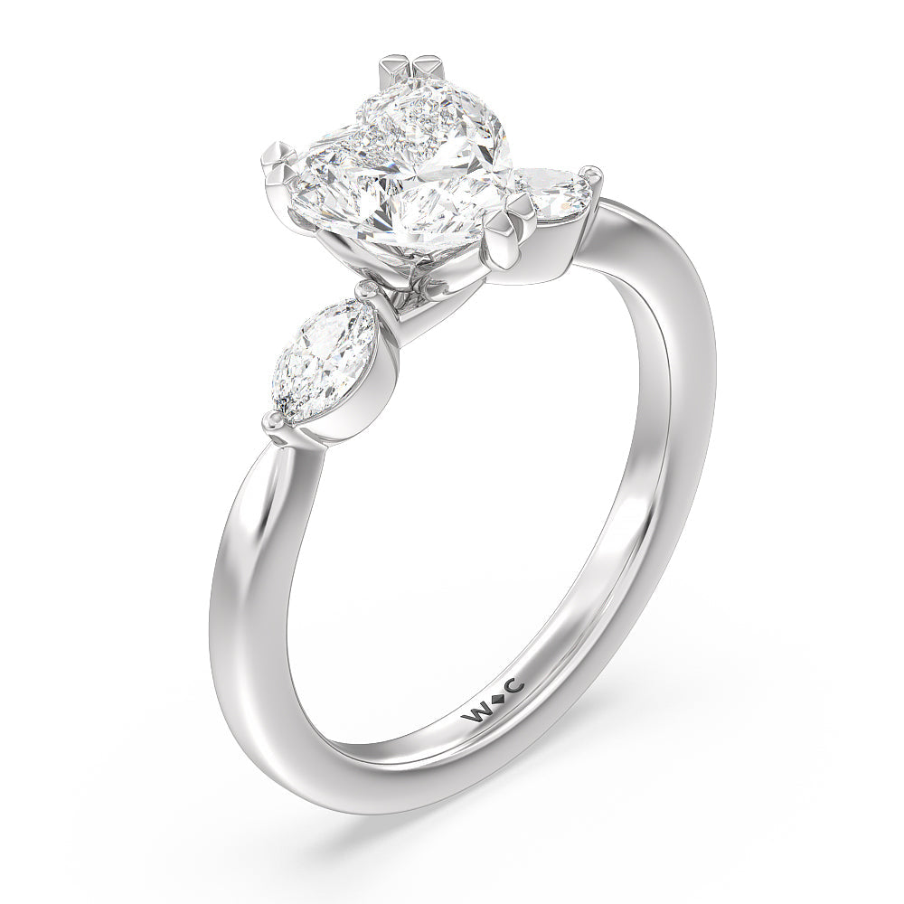 Fine Line Marquise Three Stone Engagement Ring with Heart Cut Diamond in 14KT Platinum view 3
