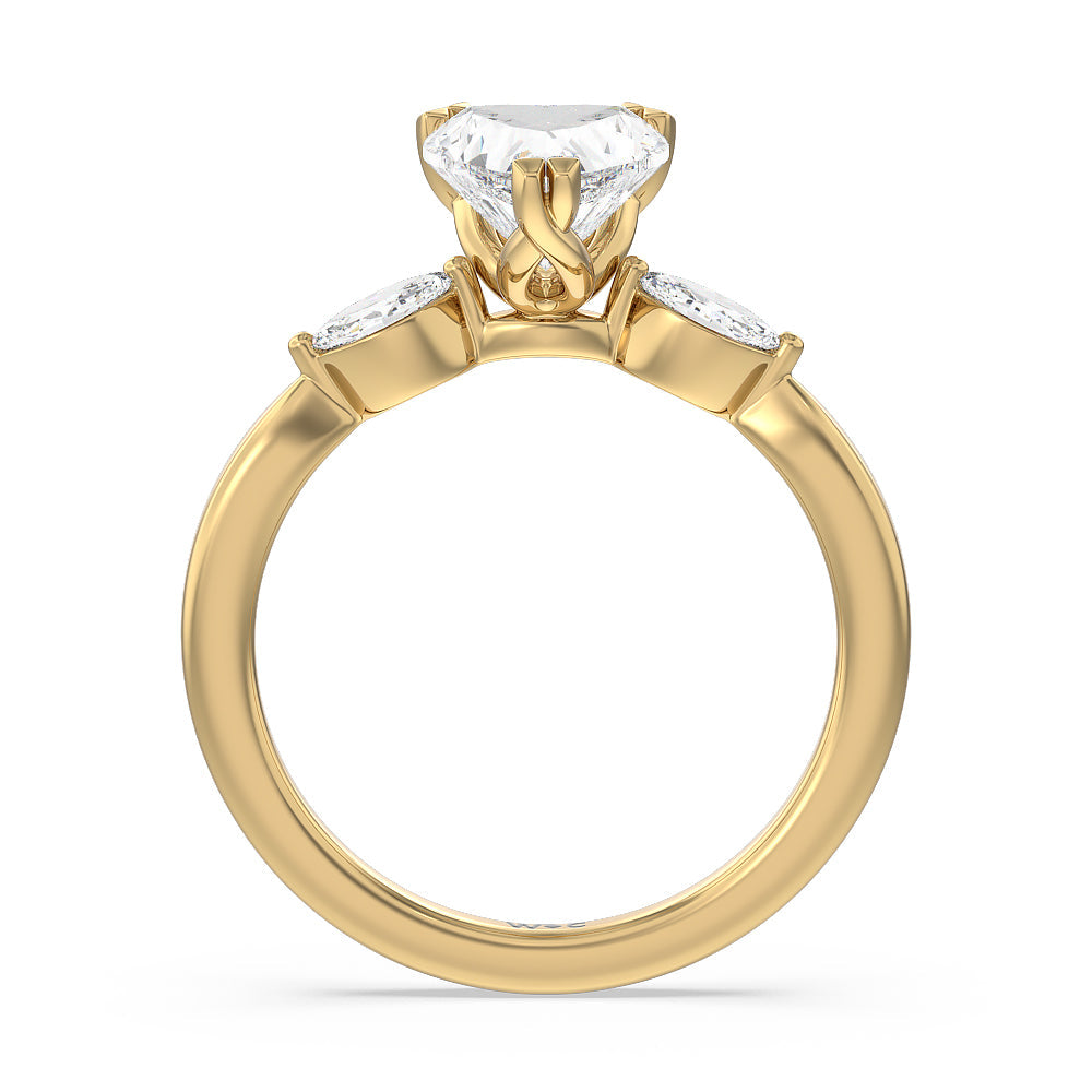 Fine Line Marquise Three Stone Engagement Ring with Heart Cut Diamond in 14KT Yellow Gold view 2
