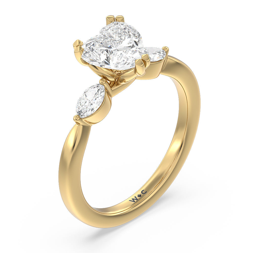 Fine Line Marquise Three Stone Engagement Ring with Heart Cut Diamond in 14KT Yellow Gold view 3
