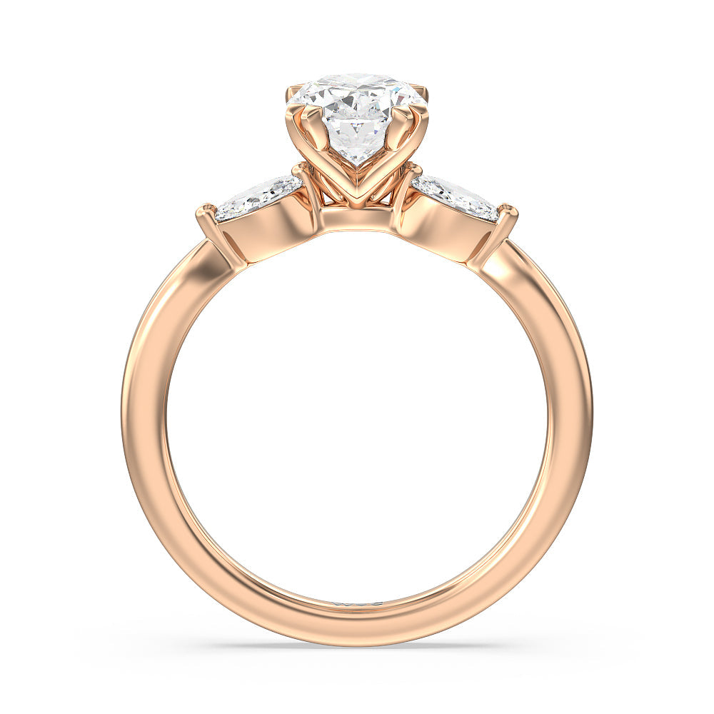 Fine Line Marquise Three Stone Engagement Ring with Oval Cut Diamond in 14KT Rose Gold view 2
