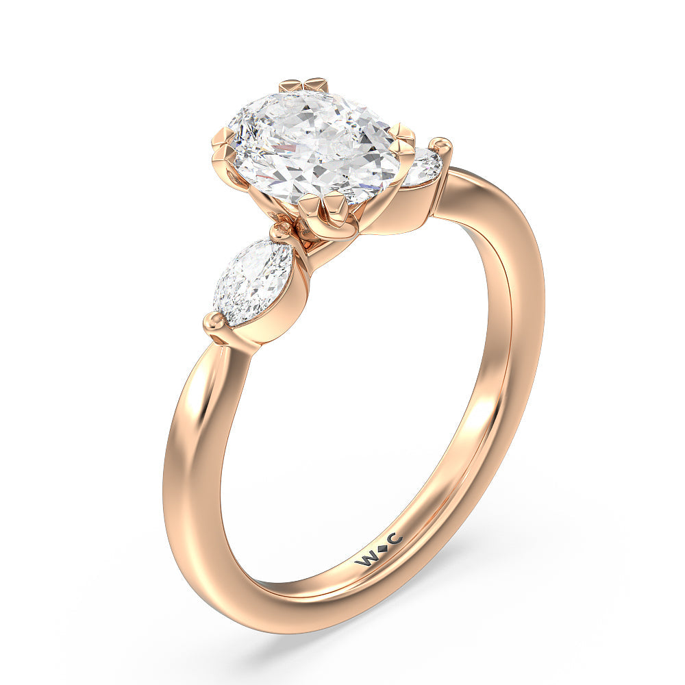 Fine Line Marquise Three Stone Engagement Ring with Oval Cut Diamond in 14KT Rose Gold view 3
