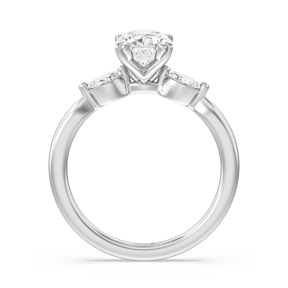 Fine Line Marquise Three Stone Engagement Ring with Oval Cut Diamond in 14KT Platinum view 2
