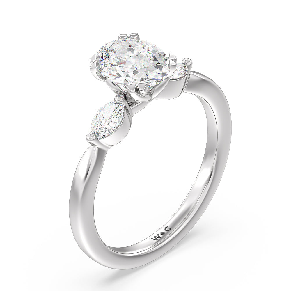 Fine Line Marquise Three Stone Engagement Ring with Oval Cut Diamond in 14KT Platinum view 3

