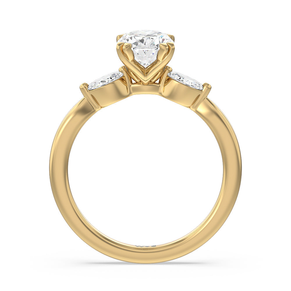 Fine Line Marquise Three Stone Engagement Ring with Oval Cut Diamond in 14KT Yellow Gold view 2
