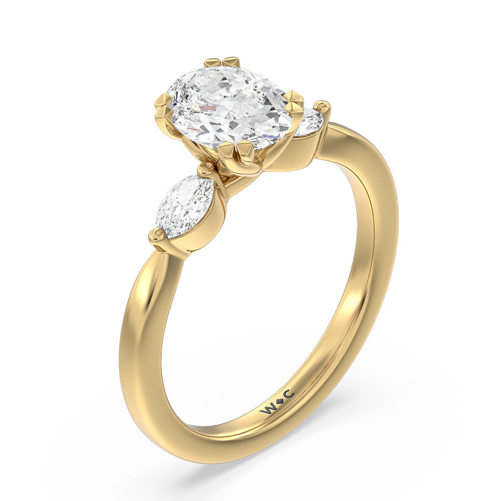 Fine Line Marquise Three Stone Engagement Ring with Oval Cut Diamond in 14KT Yellow Gold view 3
