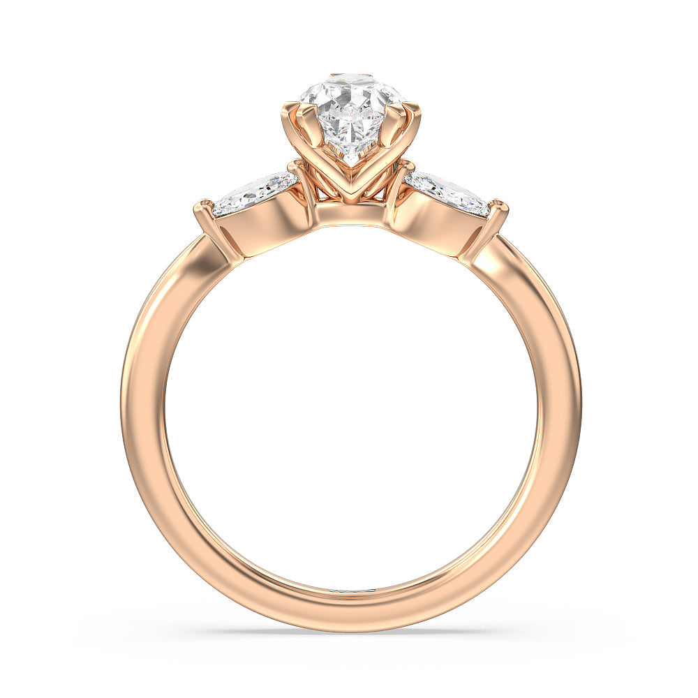Fine Line Marquise Three Stone Engagement Ring with Pear Cut Diamond in 14KT Rose Gold view 2
