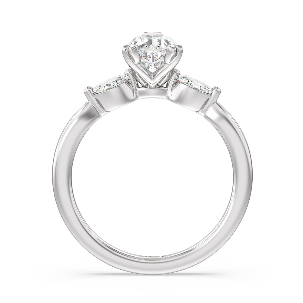 Fine Line Marquise Three Stone Engagement Ring with Pear Cut Diamond in 14KT Platinum view 2
