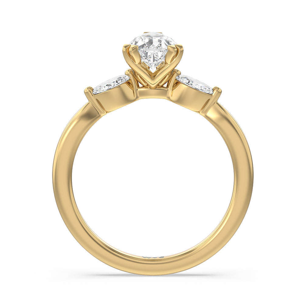 Fine Line Marquise Three Stone Engagement Ring with Pear Cut Diamond in 14KT Yellow Gold view 2
