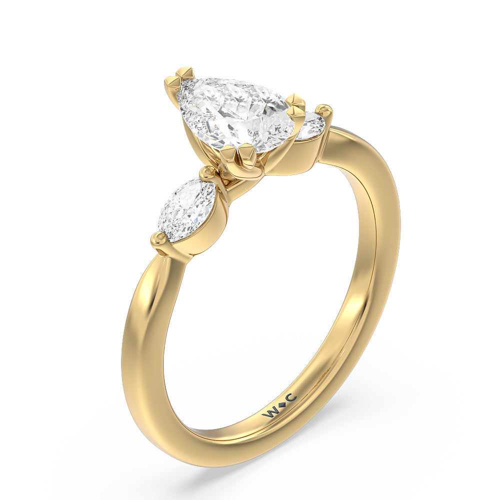 Fine Line Marquise Three Stone Engagement Ring with Pear Cut Diamond in 14KT Yellow Gold view 3
