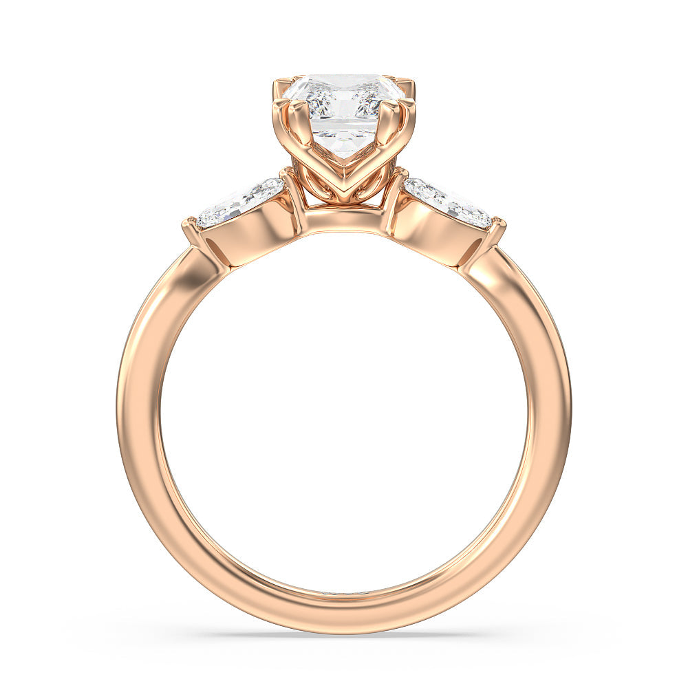 Fine Line Marquise Three Stone Engagement Ring with Radiant Cut Diamond in 14KT Rose Gold view 2
