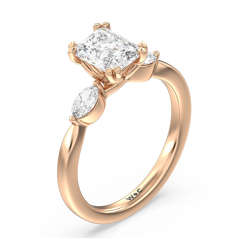 Fine Line Marquise Three Stone Engagement Ring with Radiant Cut Diamond in 14KT Rose Gold view 3
