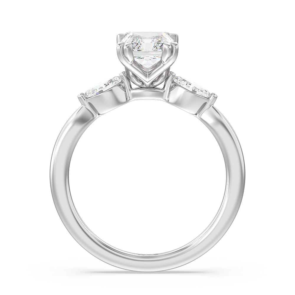 Fine Line Marquise Three Stone Engagement Ring with Radiant Cut Diamond in 14KT Platinum view 2
