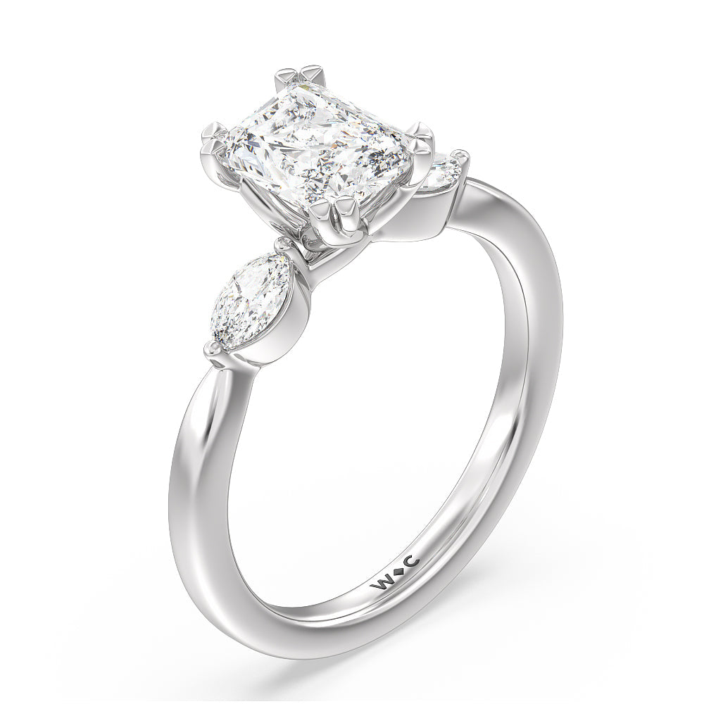 Fine Line Marquise Three Stone Engagement Ring with Radiant Cut Diamond in 14KT Platinum view 3
