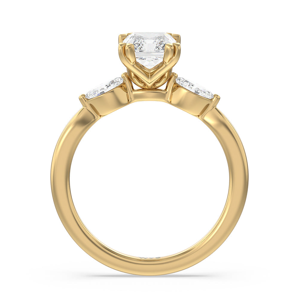 Fine Line Marquise Three Stone Engagement Ring with Radiant Cut Diamond in 14KT Yellow Gold view 2
