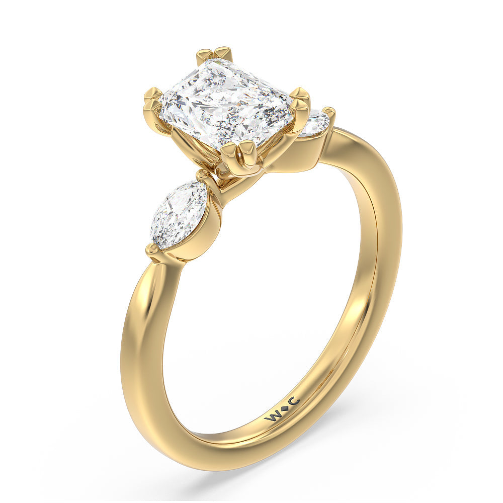 Fine Line Marquise Three Stone Engagement Ring with Radiant Cut Diamond in 14KT Yellow Gold view 3
