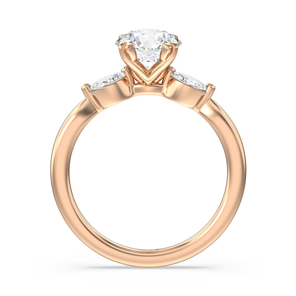 Fine Line Marquise Three Stone Engagement Ring with Round Cut Diamond in 14KT Rose Gold view 2
