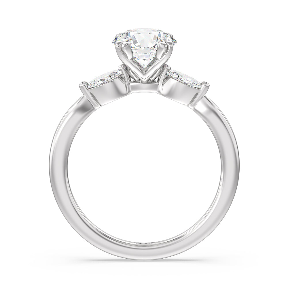 Fine Line Marquise Three Stone Engagement Ring with Round Cut Diamond in 14KT Platinum view 2
