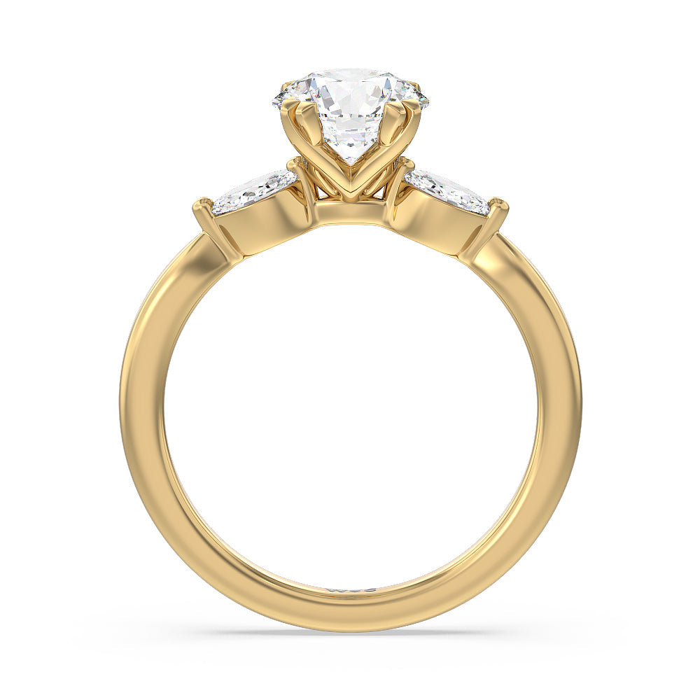 Fine Line Marquise Three Stone Engagement Ring with Round Cut Diamond in 14KT Yellow Gold view 2
